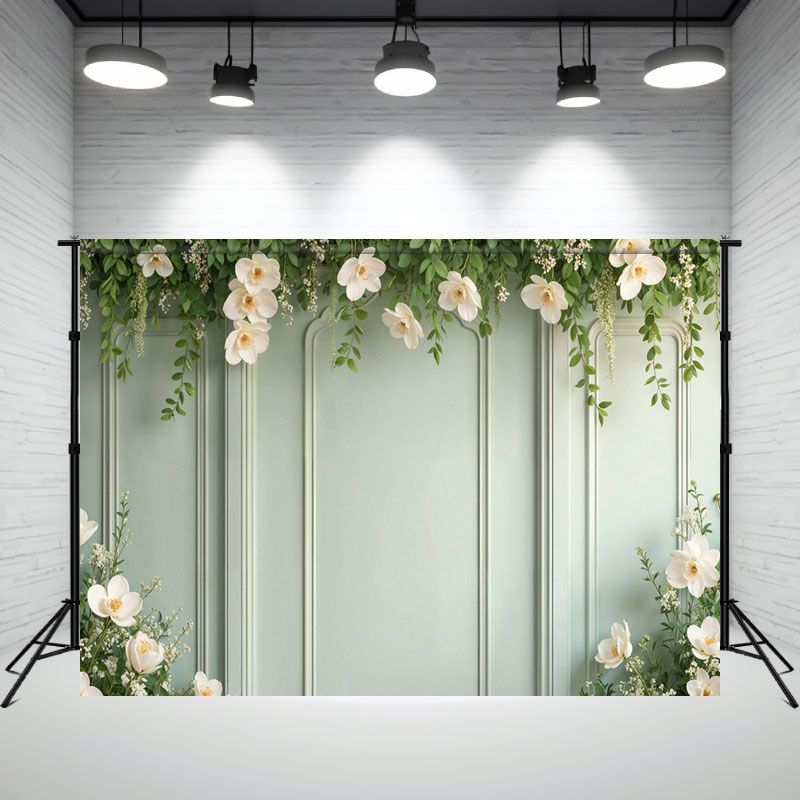 White Flowers And Leaves Green Wall Photo Backdrop - Layoris