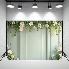 White Flowers And Leaves Green Wall Photo Backdrop - Layoris