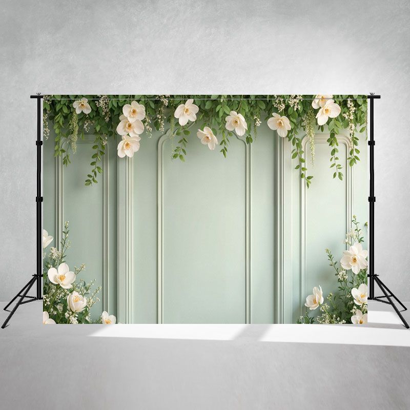 White Flowers And Leaves Green Wall Photo Backdrop - Layoris
