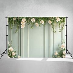 White Flowers And Leaves Green Wall Photo Backdrop - Layoris
