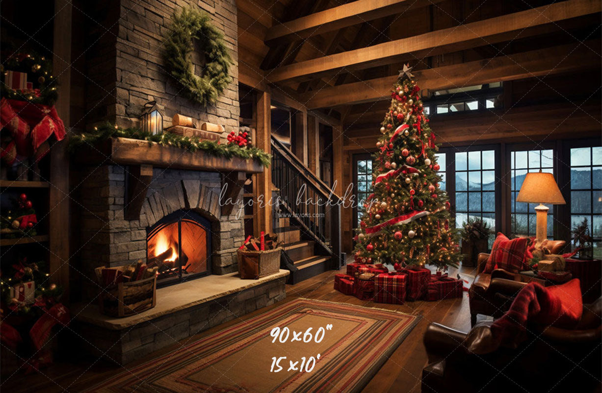 Indoor Christmas Tree Fireplace Photo Backdrop - Layoris