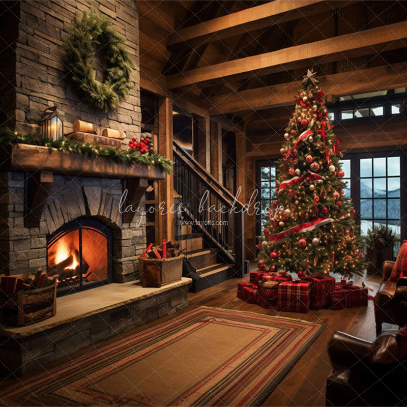 Indoor Christmas Tree Fireplace Photo Backdrop - Layoris