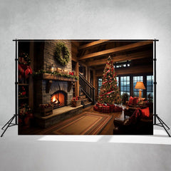 Indoor Christmas Tree Fireplace Photo Backdrop - Layoris