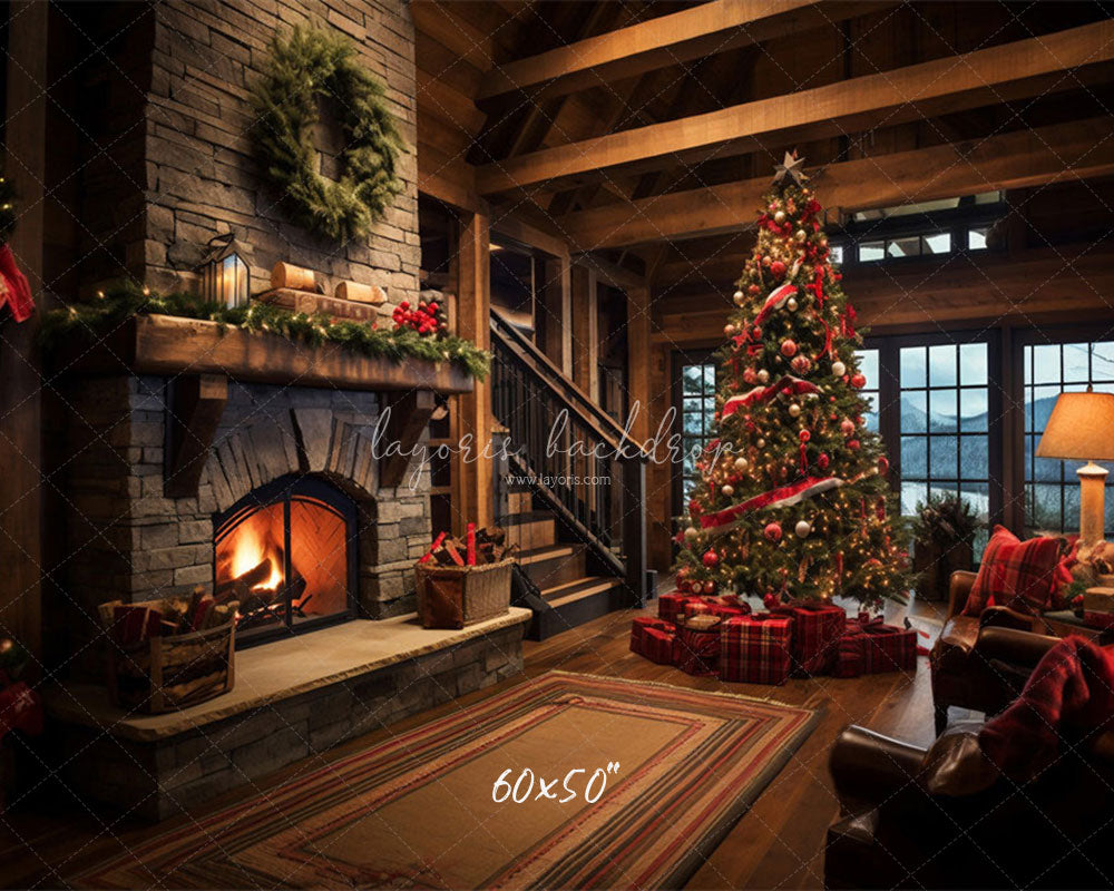 Indoor Christmas Tree Fireplace Photo Backdrop - Layoris