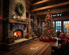 Indoor Christmas Tree Fireplace Photo Backdrop - Layoris