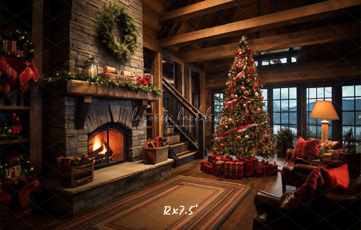 Indoor Christmas Tree Fireplace Photo Backdrop - Layoris