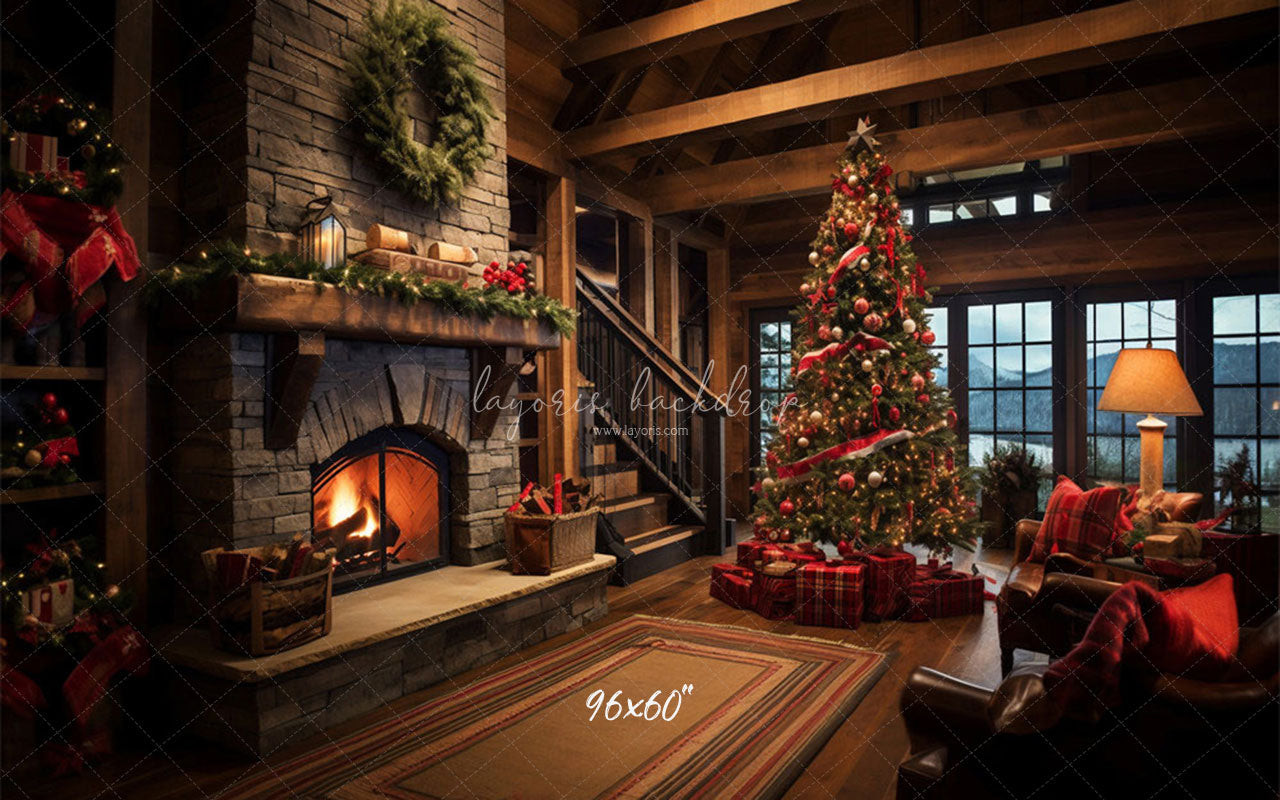 Indoor Christmas Tree Fireplace Photo Backdrop - Layoris
