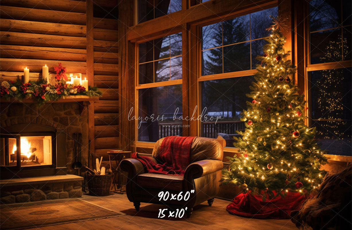 Fireplace Indoors At Night Christmas Backdrop - Layoris