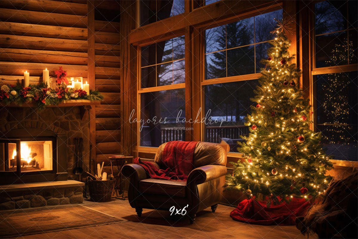 Fireplace Indoors At Night Christmas Backdrop - Layoris