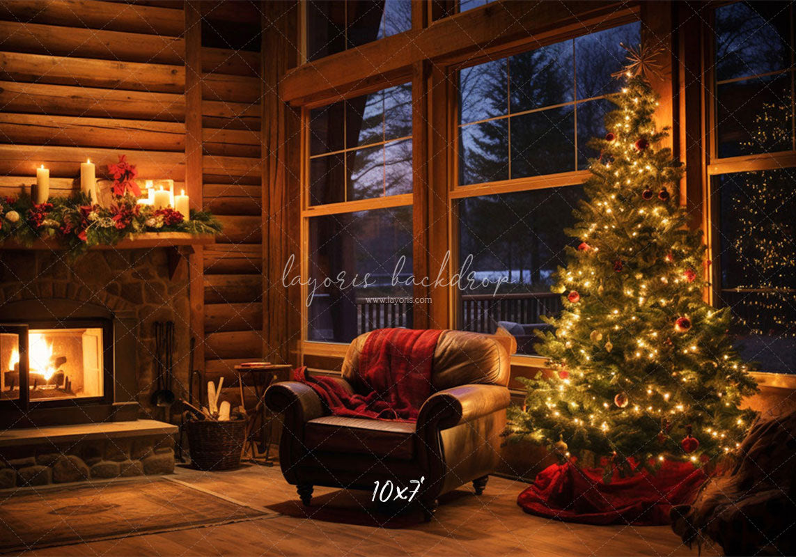 Fireplace Indoors At Night Christmas Backdrop - Layoris