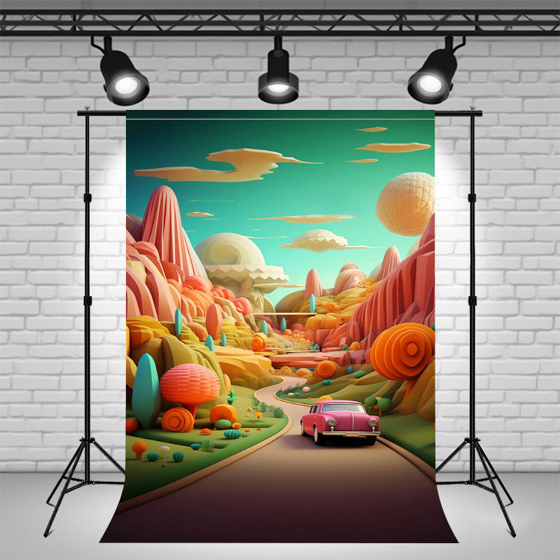 Pink Car On A Magical Road Photo Studio Backdrop - Layoris