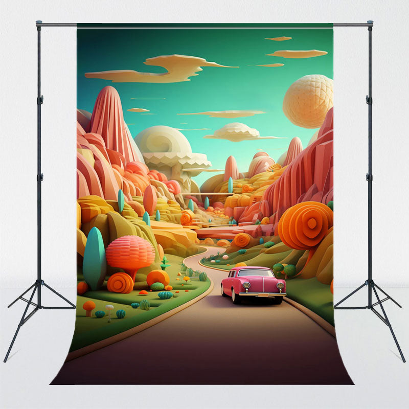 Pink Car On A Magical Road Photo Studio Backdrop - Layoris