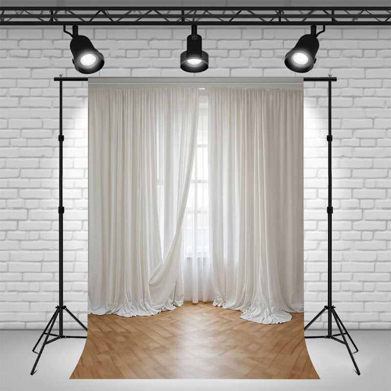 Window White Curtains Wooden Floor Photo Backdrop - Layoris