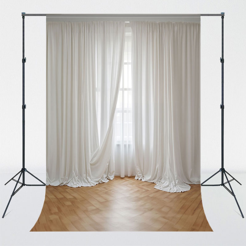 Window White Curtains Wooden Floor Photo Backdrop - Layoris