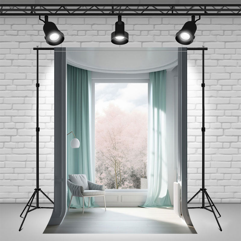 Mint Green Curtains Windows Interior Backdrop - Layoris