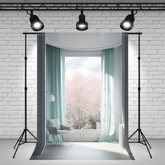 Mint Green Curtains Windows Interior Backdrop - Layoris