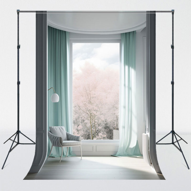 Mint Green Curtains Windows Interior Backdrop - Layoris