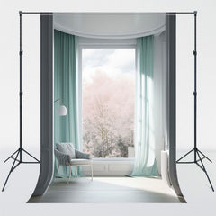 Mint Green Curtains Windows Interior Backdrop - Layoris