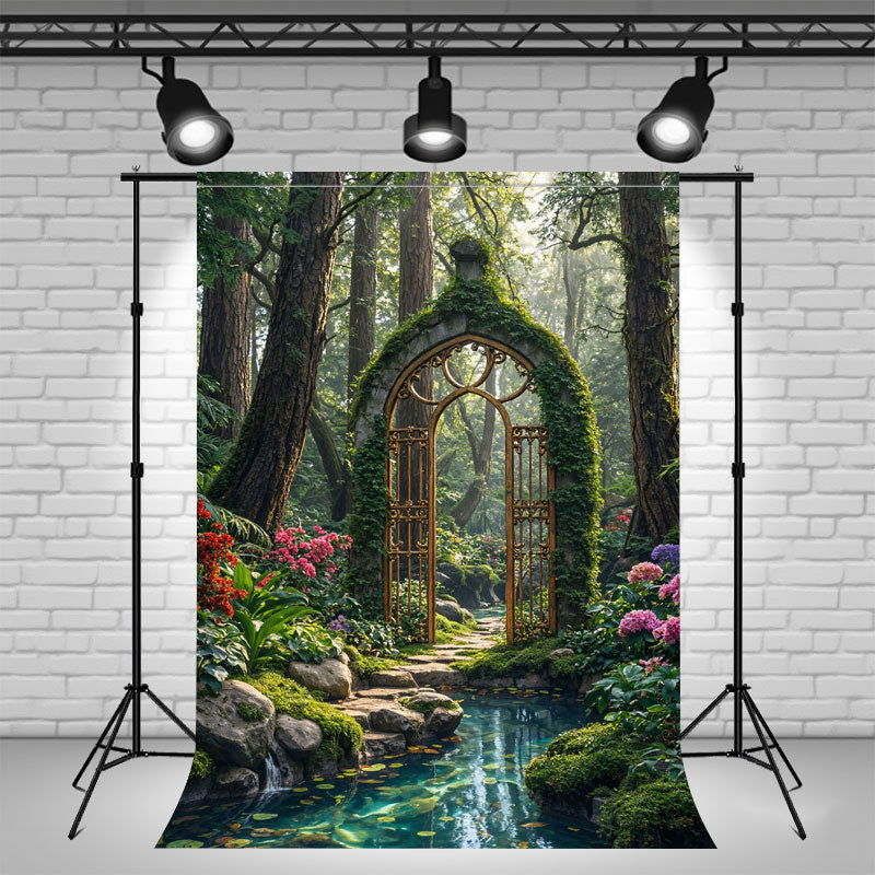 Stone Arch Romantic Pond Forest Photo Backdrop - Layoris