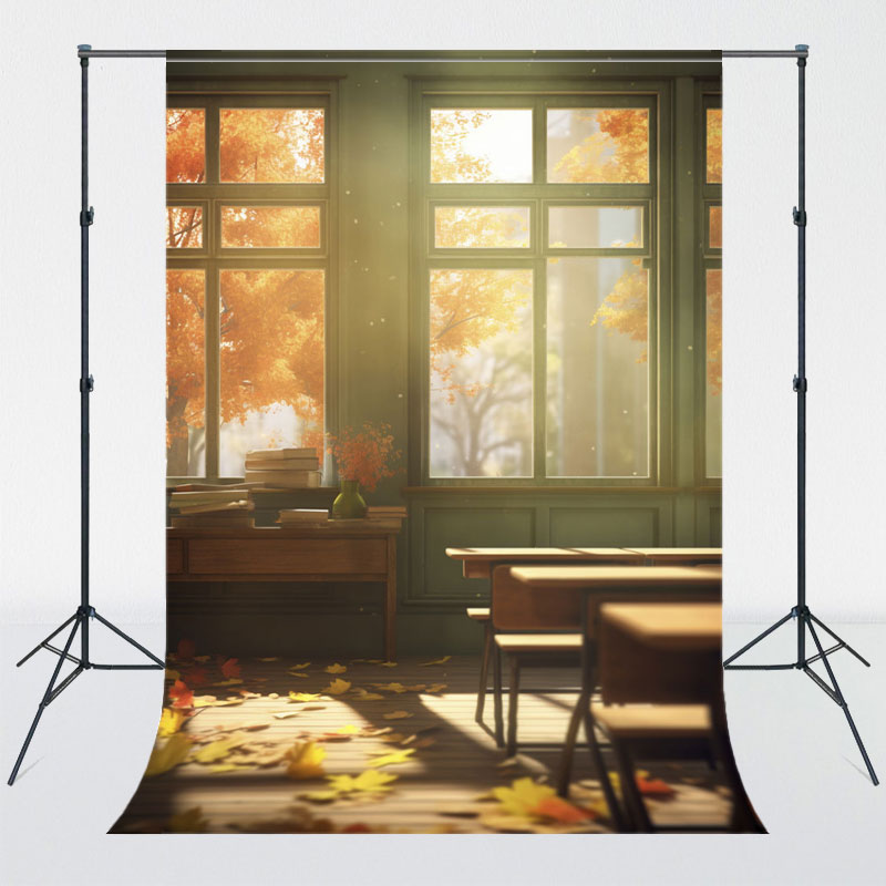Autumn Classroom Window Desk Photography Backdrop - Layoris