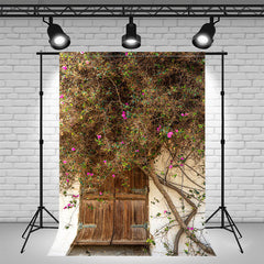 Village Wooden Door White Wall Flower Vine Backdrop - Layoris