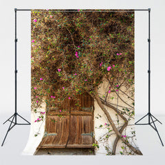 Village Wooden Door White Wall Flower Vine Backdrop - Layoris
