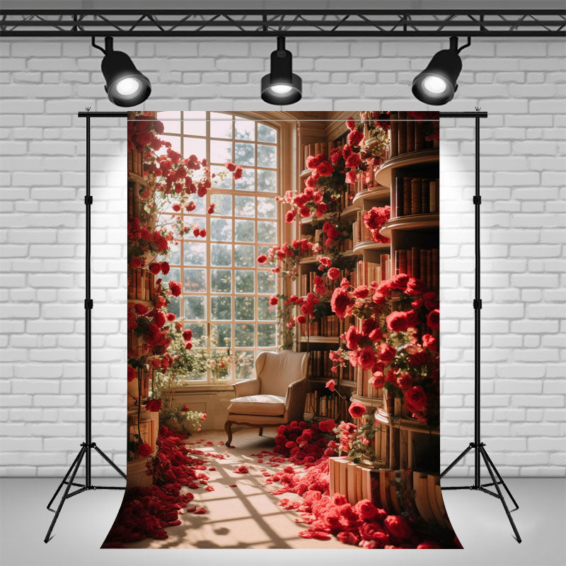 Red Roses Window Bookshelf Room Photo Backdrop - Layoris