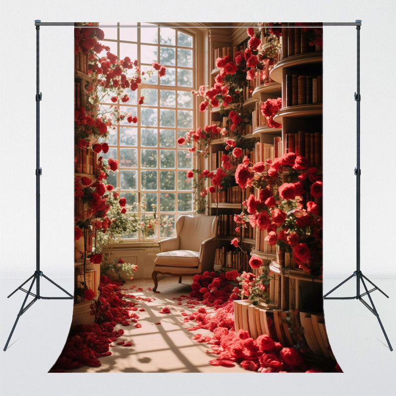 Red Roses Window Bookshelf Room Photo Backdrop - Layoris