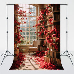 Red Roses Window Bookshelf Room Photo Backdrop - Layoris