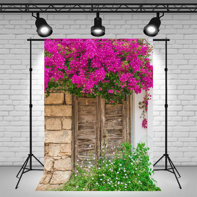 Rural Wooden Door Brick Wall Flower Photo Backdrop - Layoris