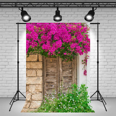 Rural Wooden Door Brick Wall Flower Photo Backdrop - Layoris