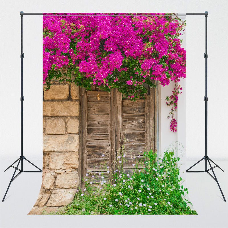 Rural Wooden Door Brick Wall Flower Photo Backdrop - Layoris