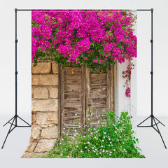 Rural Wooden Door Brick Wall Flower Photo Backdrop - Layoris