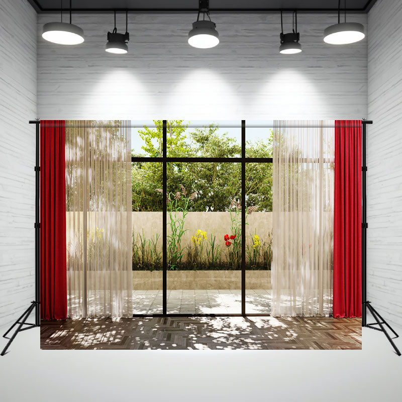 Sunlight Through Red Window Curtains Photo Backdrop - Layoris