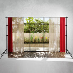 Sunlight Through Red Window Curtains Photo Backdrop - Layoris