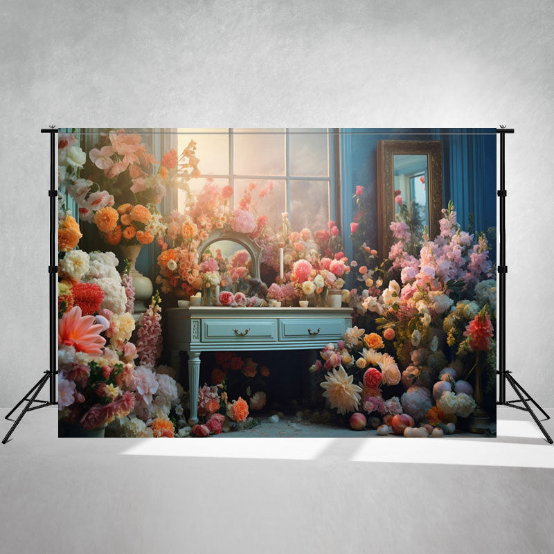 Dressing Table Surrounded By Flowers Backdrop - Layoris