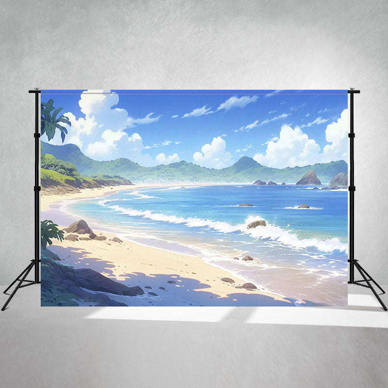 Cartoon Blue Sky Cloud Beach Photo Backdrop - Layoris
