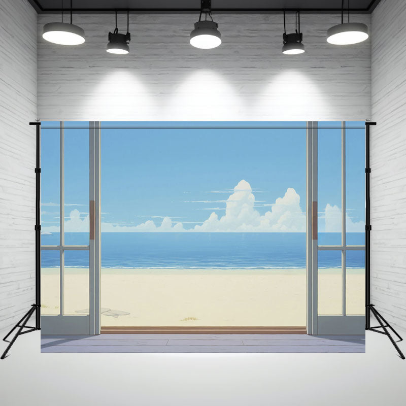 Cartoon Window Blue Sky Sea Beach Summer Backdrop - Layoris