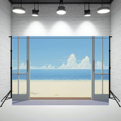 Cartoon Window Blue Sky Sea Beach Summer Backdrop - Layoris