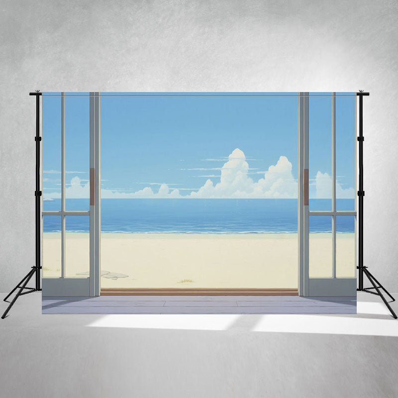 Cartoon Window Blue Sky Sea Beach Summer Backdrop - Layoris