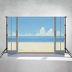 Cartoon Window Blue Sky Sea Beach Summer Backdrop - Layoris