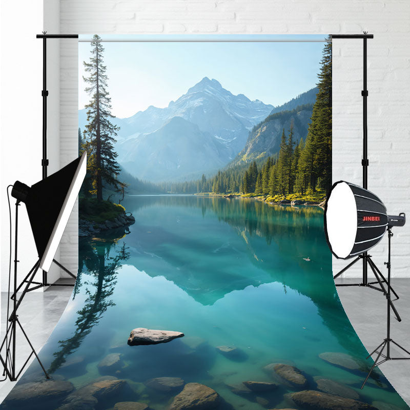 Teal Lake And Mountains Sweep Photo Backdrop - Layoris