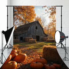 Wooden House In The Woods And Pumpkin Sweep Backdrop - Layoris