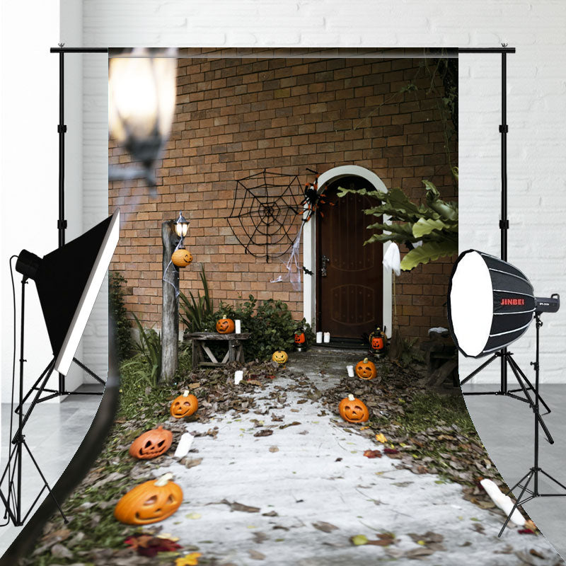Brick Wall Wooden Door Smiley Pumpkin Sweep Backdrop - Layoris