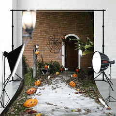 Brick Wall Wooden Door Smiley Pumpkin Sweep Backdrop - Layoris
