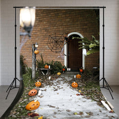 Brick Wall Wooden Door Smiley Pumpkin Sweep Backdrop - Layoris