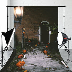 Dark Brick Wall And Smiling Pumpkin Sweep Backdrop - Layoris