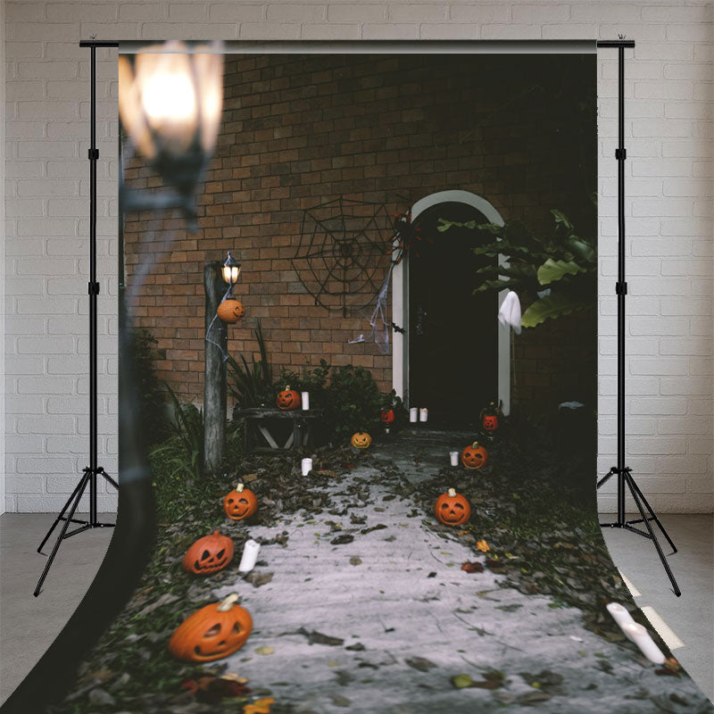 Dark Brick Wall And Smiling Pumpkin Sweep Backdrop - Layoris