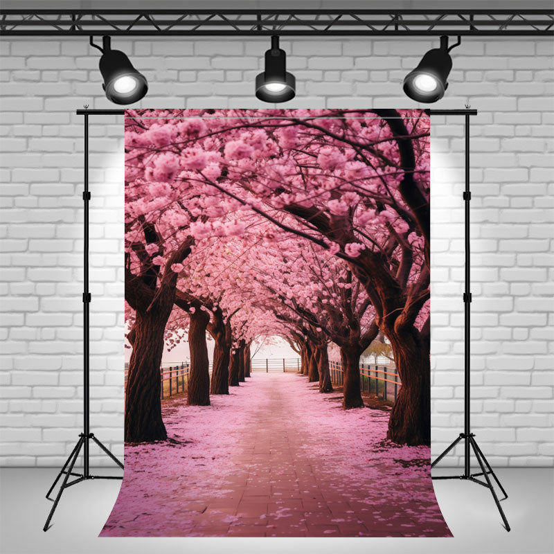 Two Rows Of Pink Cherry Blossom Trees Photo Backdrop - Layoris