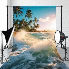 Summer Beach Coconut Trees Waves Sweep Backdrop - Layoris